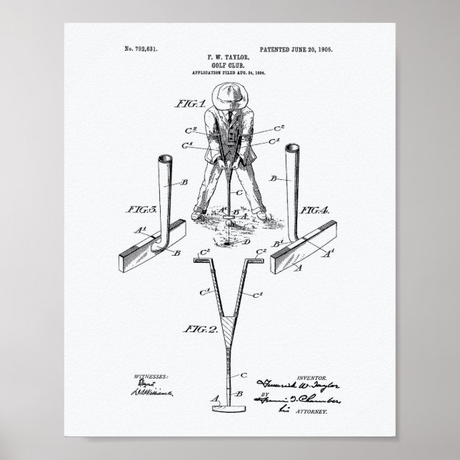 Poster Taylor Golf Club 1905 Patent Art - Livro Branco (Frente)