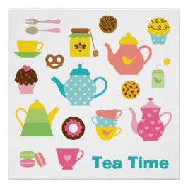 Póster Tea Time Poster – Cute Pastel Teapots & Sweets