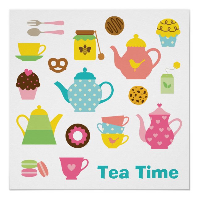 Póster Tea Time Poster – Cute Pastel Teapots & Sweets (Frente)
