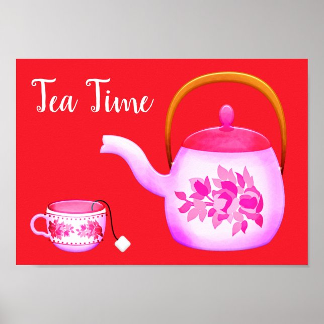Poster Tea time slogan chá amante de bule rosa Vintage (Frente)