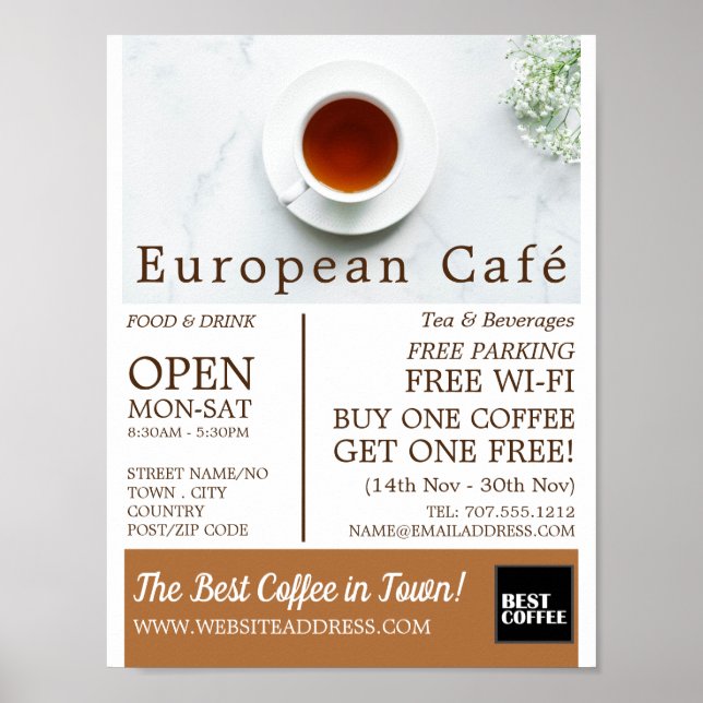 Poster Teacup & Saucer, Barista, Café, Advertido Coffeeho (Frente)