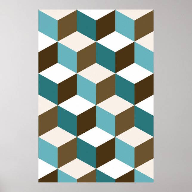 Poster Teais de Padrão de Cubo Provocam Branco (Frente)