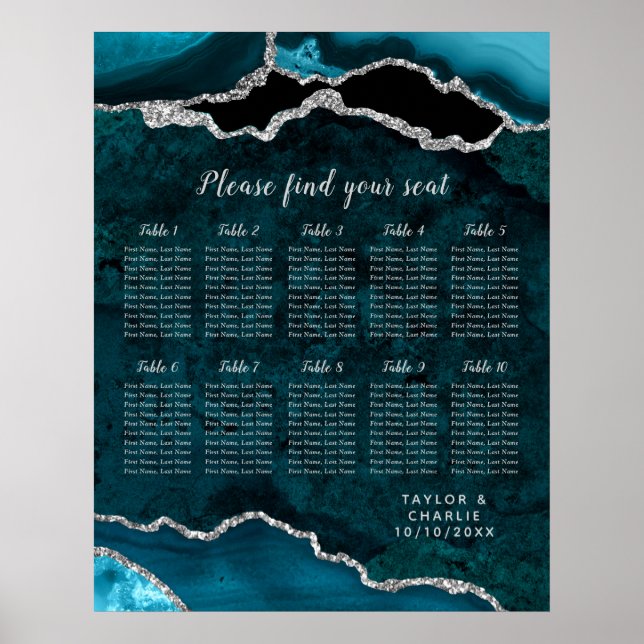 Poster Teal and Silver Agate Wedding Seating Chart (Frente)