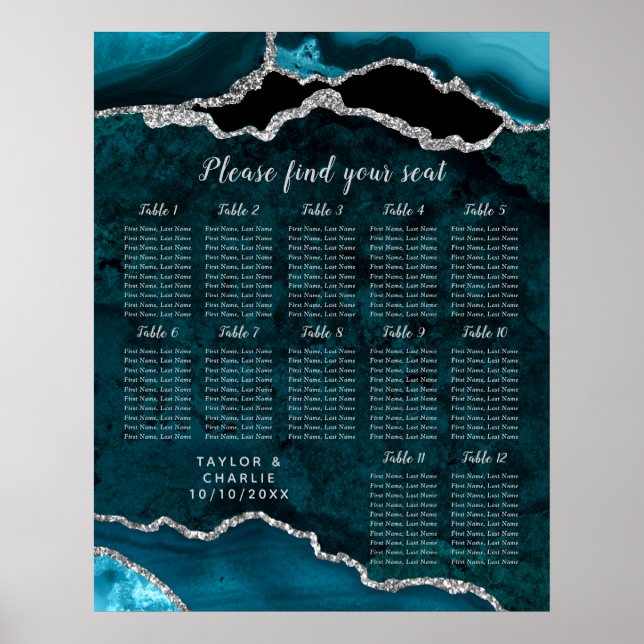 Poster Teal and Silver Agate Wedding Seating Chart (Frente)