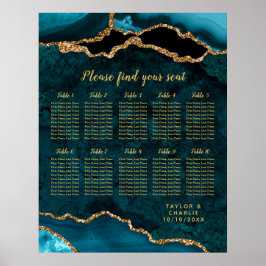 Poster Teal Blue and Gold Agate Wedding Seating Chart