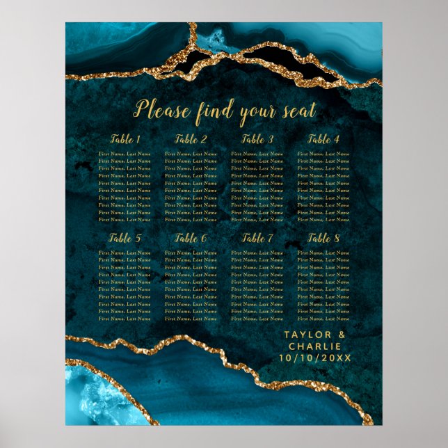 Poster Teal Blue and Gold Agate Wedding Seating Chart (Frente)