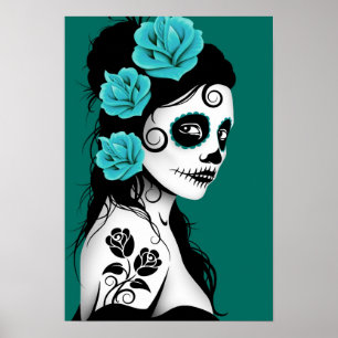 Poster Teal Blue Day of the Dead Sugar Skull Girl
