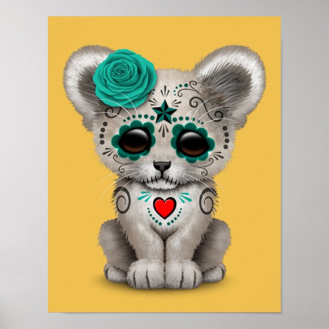 Póster Teal Blue Day of the Dead Sugar Skull Lion Cub (Frente)