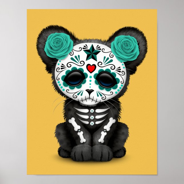 Póster Teal Blue Day of the Dead Sugar Skull Panther Cub (Frente)