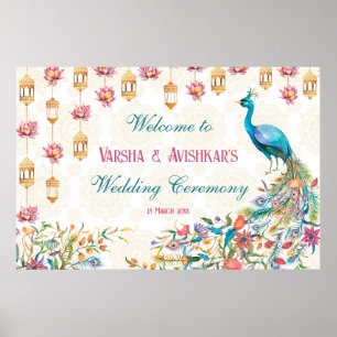 Poster Teal blue green cerise floral peacock welcome