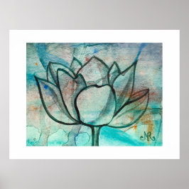 Poster Teal Blue Watercolor Flor Elegante Artsy Lotus
