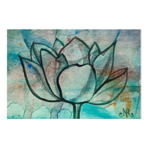 Póster Teal Blue Watercolor Flor Elegante Artsy Lotus