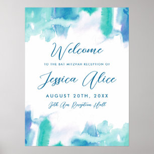 Poster Teal Blue Watercolor Tie Dye Bat Mitzvah Bem-vindo