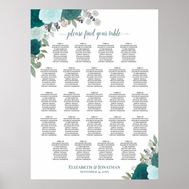 Poster Teal Boho Floral 23 Gráfico de Assentos de Casamen (Frente)