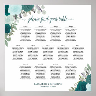 Poster Teal Boho Rosas 13 Gráfico de Casamento de Mesa