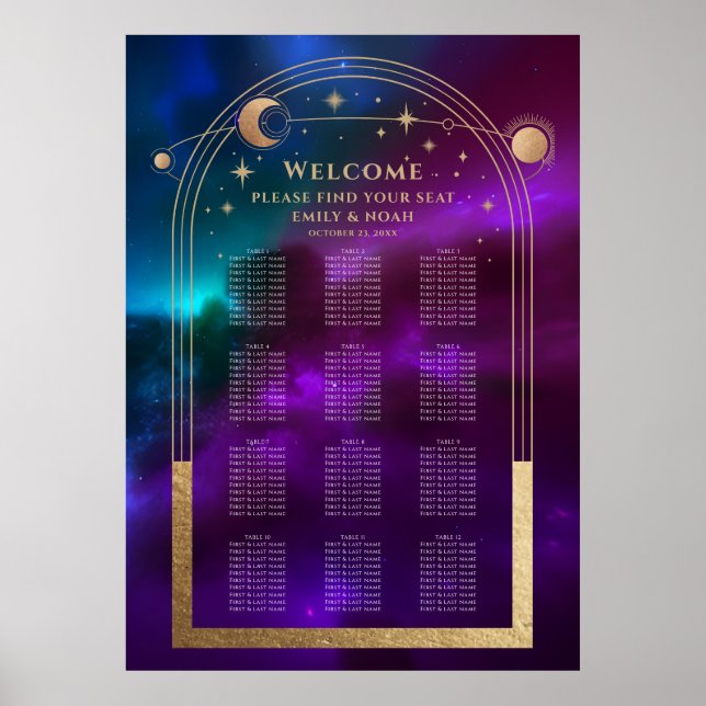 Poster Teal Dourado Solar Roxo Cósmico Estrelas Casamento (Frente)