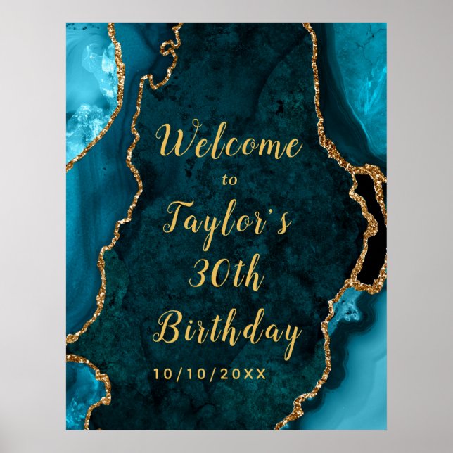 Poster Teal e Dourada Agate Birthday (Frente)