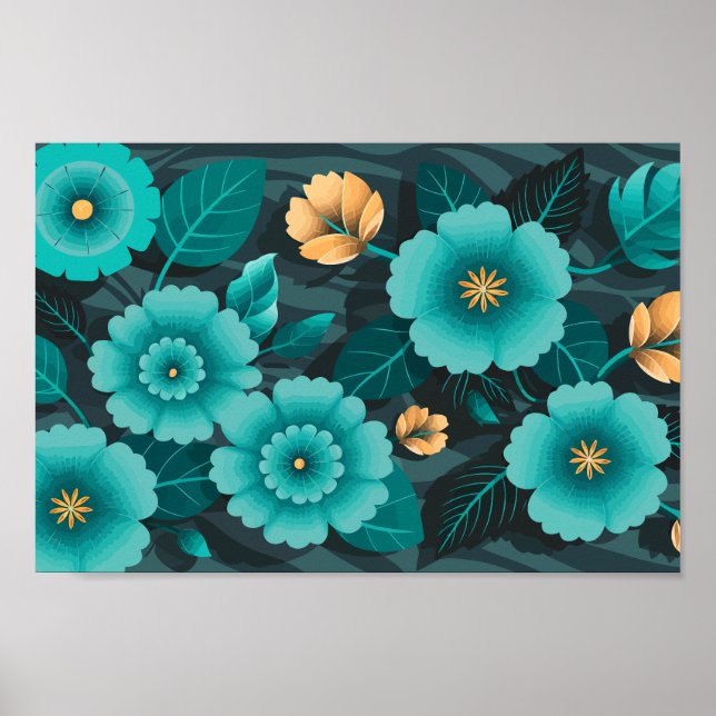 Poster Teal e Dourado Floral com Folhas verdes escuras (Frente)