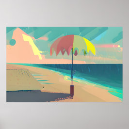 Poster Teal e Peach Beach, Mountain and Umbrella
