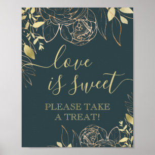 Poster Teal Escuro e Dourado Favor Floral Moderno Mesa