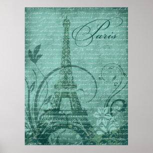 Póster Teal Fleur de Paris Eiffel Tower 30"x40"