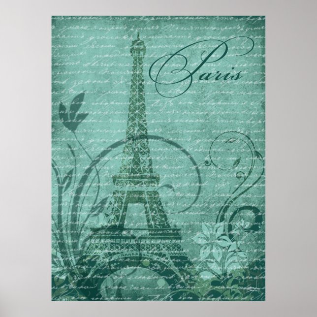 Póster Teal Fleur de Paris Eiffel Tower 30"x40" (Frente)