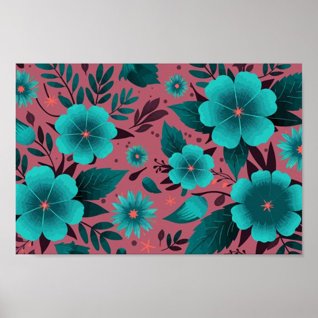 Poster Teal Floral Patterno sobre Maroon (Frente)