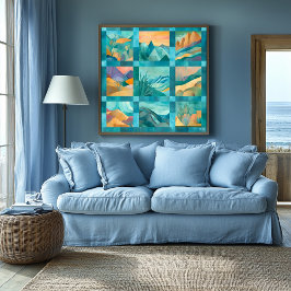 Póster Teal Framed Abstrato Desert Art Grid - Geométrico