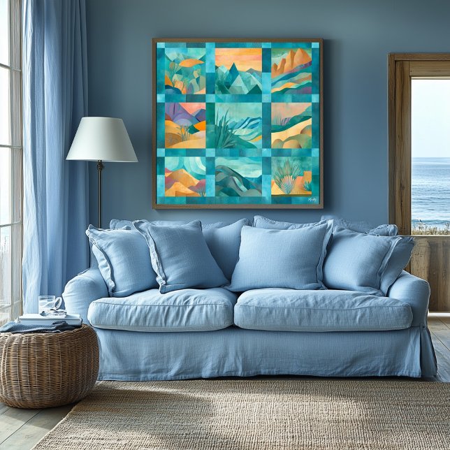 Póster Teal Framed Abstrato Desert Art Grid - Geométrico (Criador carregado)