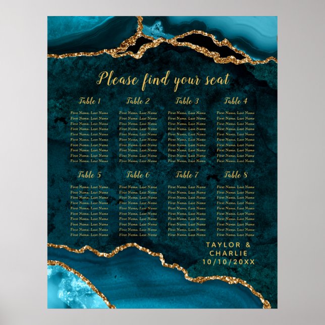 Poster Teal Gold Agate Wedding Seating Chart 8 Table (Frente)