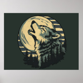 Poster Teal Howling Wolf Moon Art