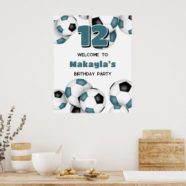 Poster teal negro bolas de futebol meninas festa de anive