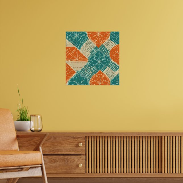 Poster Teal, Orange, and Tan Abstract Flowers (Sala de Estar 2)