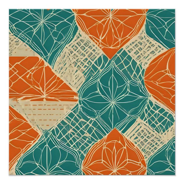 Póster Teal, Orange, and Tan Abstract Flowers (Frente)