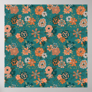 Poster Teal Orange Trendy Floral Vine Floral Padrão