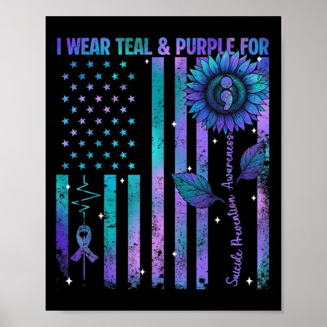 Poster Teal Purple Us Usa Flag Suicide Prevention Awarene (Frente)