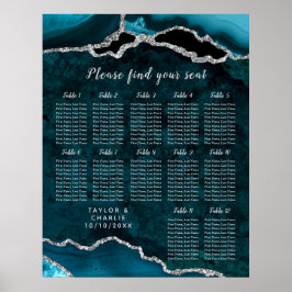 Poster Teal Silver Agate Wedding Seating Chart 12 Table