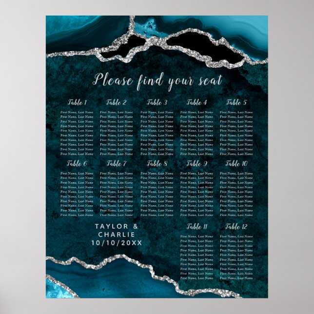Poster Teal Silver Agate Wedding Seating Chart 12 Table (Frente)