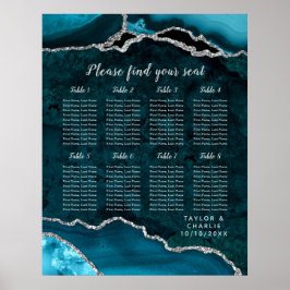 Poster Teal Silver Agate Wedding Seating Chart 8 Table