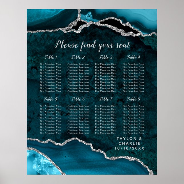 Poster Teal Silver Agate Wedding Seating Chart 8 Table (Frente)
