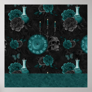 Poster Teal Zodiac Magic Rosas de crânio gótico verde