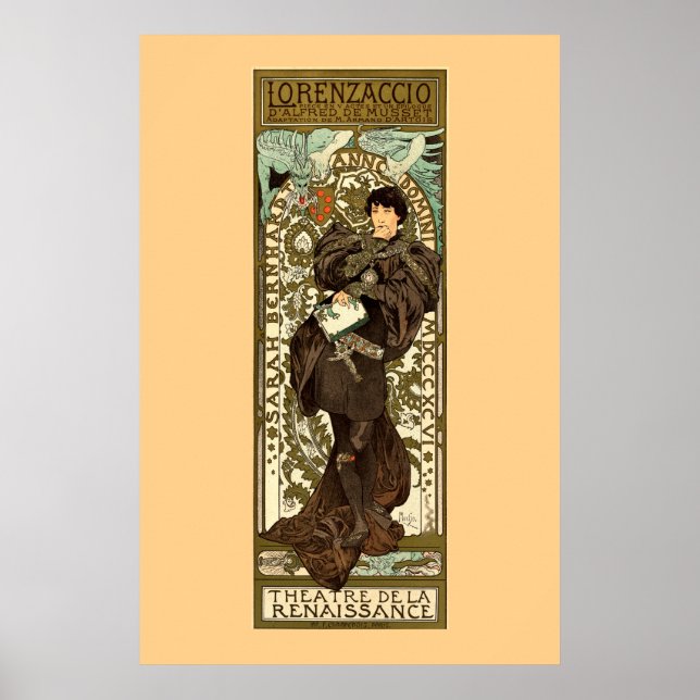 Poster Teatro Art Nouveau vintage anúncio por Mucha (Frente)