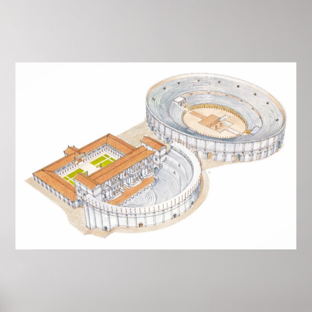 Poster Teatro romano e anfiteatro. Reconstrução. (Frente)