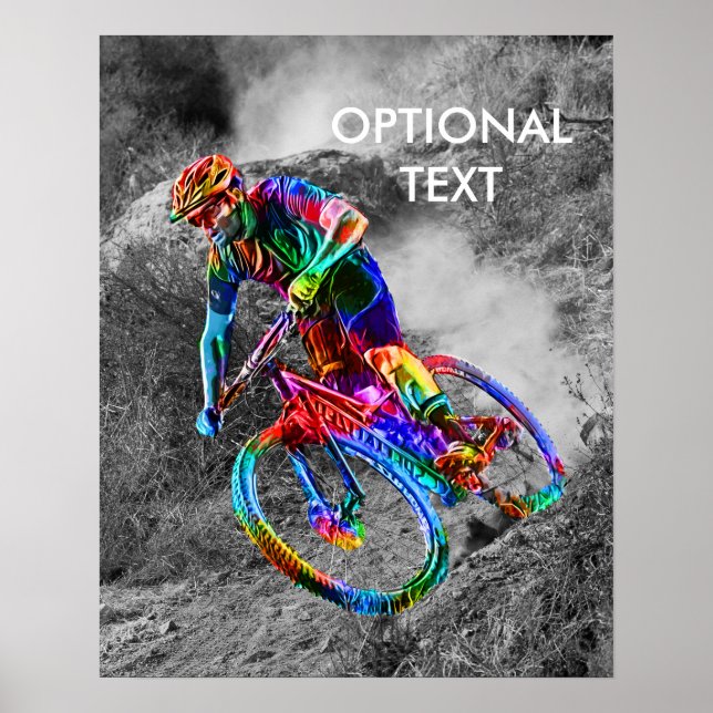 Póster Technicolor Mountain Biker descendo uma trilha (Frente)