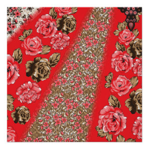 Póster Tecido vermelho vibrante com intrincado floral e