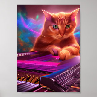 Poster teclado de arte psicodélica/gato de piano