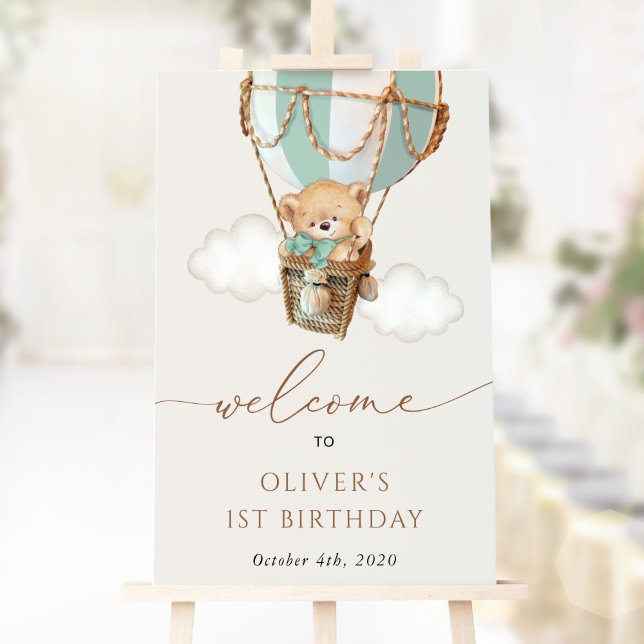 Poster Teddy Bear, Balão Verde, Primeiro Aniversário Bem- (Criador carregado)