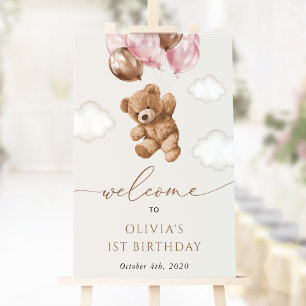 Poster Teddy Bear, Balões Rosa, Primeiro Aniversário Bem-