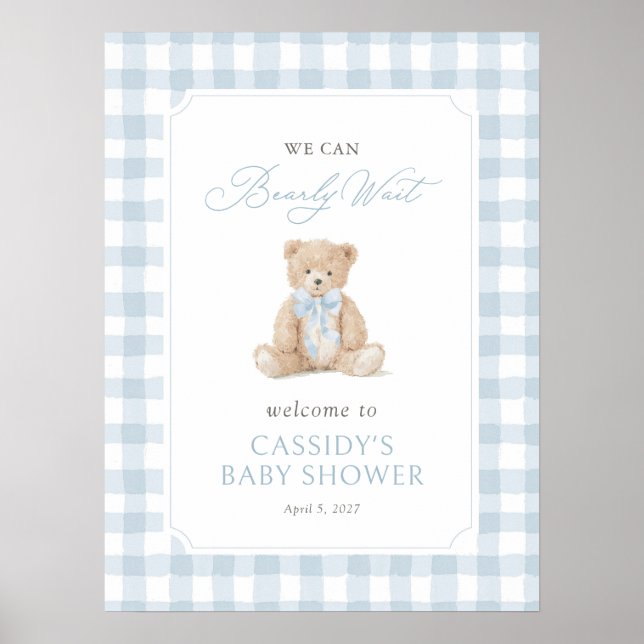 Poster Teddy Bear Blue Gingham Baby Shower Welcome Sign (Frente)