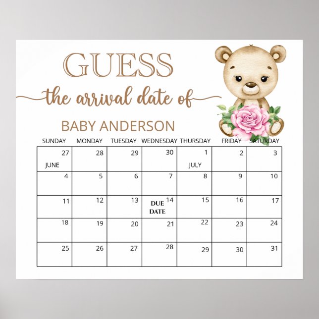 Poster Teddy Bear Chá de fraldas Adivinha Calendário de D (Frente)